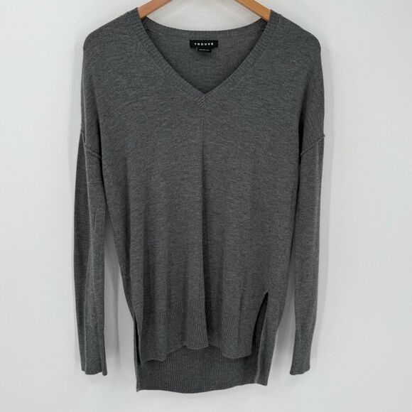 Trouve Cashmere Viscose Blend V-Neck Slit Hem Sweater Women Small Grey - Picture 1 of 4